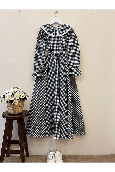 KÜÇÜĞÜM BUTİK Μαύρο φόρεμα Gingham με Hijab Mobile Collar (RUCHE-LECK)