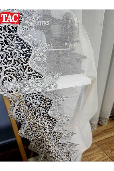Taç Gray Silver Guipure Skirt Applique Ling 1/2 Layer Pleated Tulle Curtain