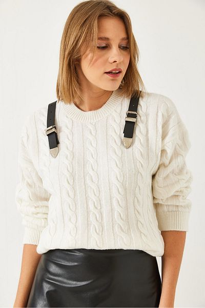 Bianco Lucci Women's Shoulder Belted Knitwear Sweater 241232 60261262