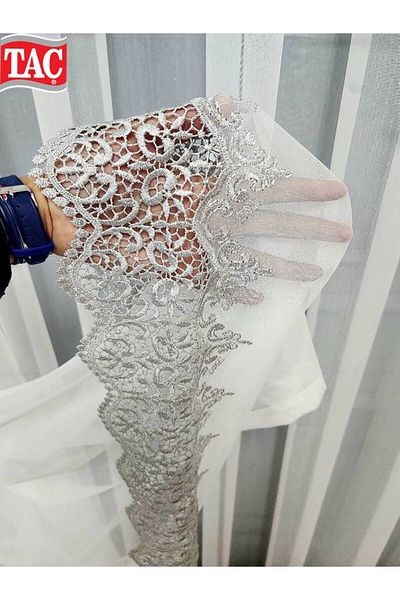 Taç Gray Silver Laced Ling 1/3 Layer Pleated Tulle Curtain - Crown Skirt Applique