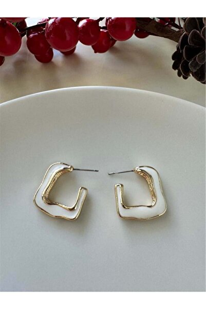 Pelin Aksesuar White Cornered Hoop Earrings