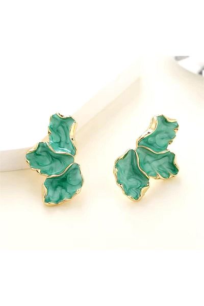 Pelin Aksesuar Green Enamel Leaf Earrings