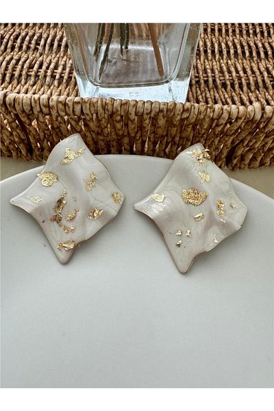 Pelin Aksesuar White Gold Gilded Wavy Square Earrings