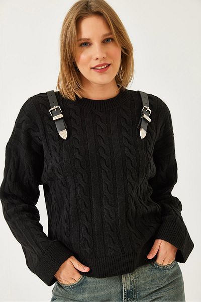 Bianco Lucci Women's Shoulder Belted Knitwear Sweater 241232 60261262