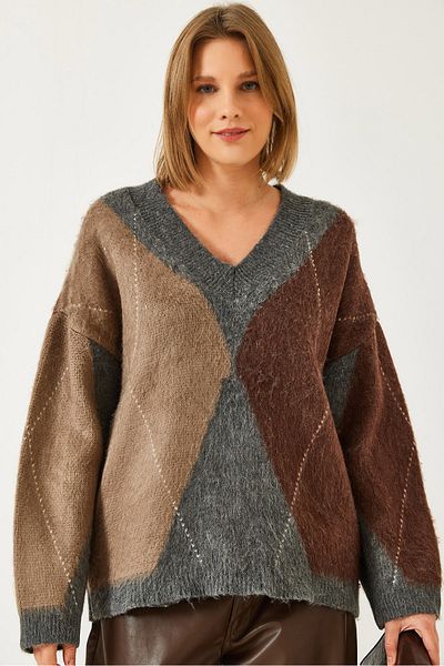 Bianco Lucci Pulover de damă cu decolteu în V cu model Argyle 241222 60261232