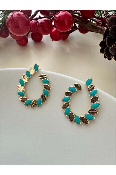 Pelin Aksesuar Blue Gold Leaf Curl Earrings