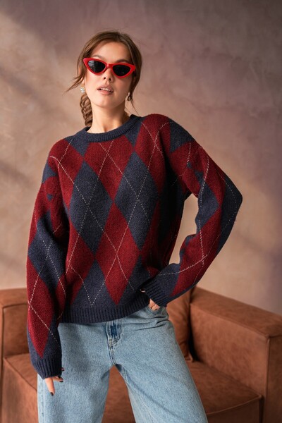 Arbucky Women's Argyle Patterned Navy Blue Claret Red Crew Neck Sweater