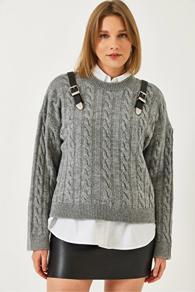 Bianco Lucci Women's Shoulder Belted Knitwear Sweater 241232 60261262