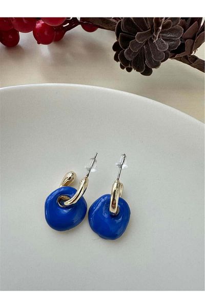 Pelin Aksesuar Navy Blue Enamel Hoop Earrings