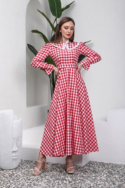 KÜÇÜĞÜM BUTİK Hijab Mobile Collar Gingham Red Dress (Kleid-Neck)