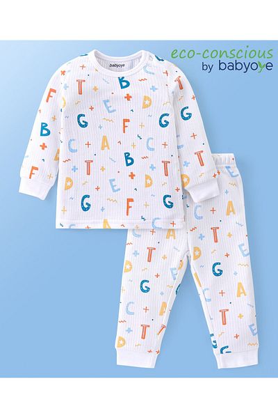 Babyoye Babyoye Thermal Cotton Modal Blend Full Sleeves Vest & Pajama Set Wild Alphabet Print - White