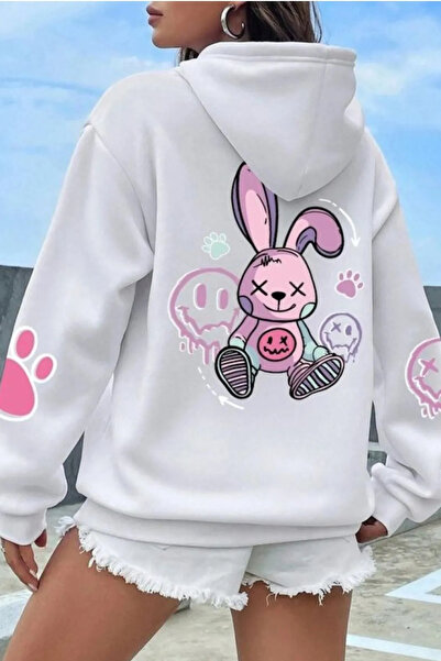FECCY Hanorac unisex din bumbac cu 3 fire, cu imprimeu iepure de desene anima...