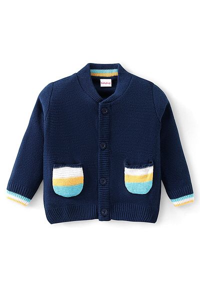 Babyhug Babyhug Knitted Full Sleeves Front Open Sweater with Sequin Detailing & Pockets - Navy Blue