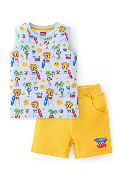 Babyhug Babyhug 100% Cotton Knit Single Jersey Sleeveless T-Shirt & Shorts Beach Theme Print-Blue & Yellow