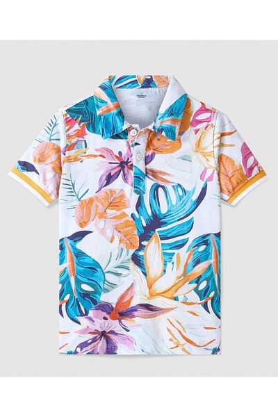 Ollington St. Ollington St. 100% Cotton Knit Half Sleeve Collared T-Shirt & Shorts/Co/ord Set Tropical Theme-White