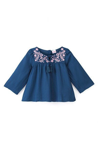 Babyhug Babyhug 100% Rayon Woven Full Sleeves Leafy Embroidery & Tassel Detailing Top - Navy Blue