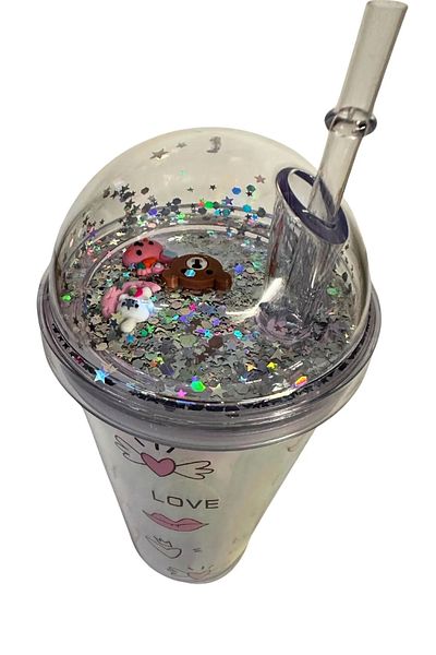 LEON LİFE Leon Life Led Lighted, Heart Themed Figured Fenomen Glass with Straw (450 ml)
