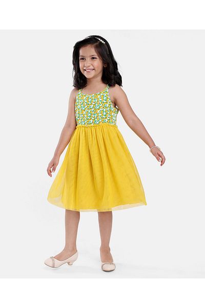 Babyhug Babyhug 100% Cotton Woven Sleeveless Frock With Floral Print - Green & Yellow
