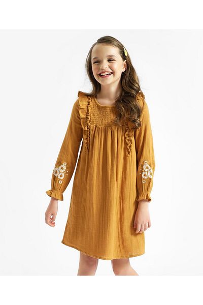 Primo Gino Primo Gino 100% Cotton Knit Full Sleeve Double Gauze A-Line Dress Smocking Floral-Mineral Yellow