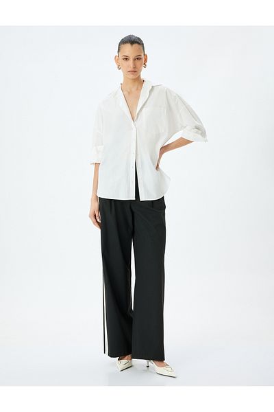 Koton Stripe Detailed High Waist Wide Leg Baggy Fabric Pants with Pockets