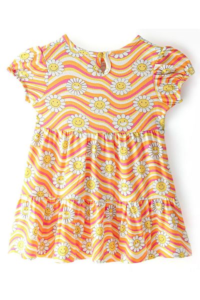 Babyhug Babyhug 100% Cotton Knit Half Sleeves Frock Stripes & Floral Print - White