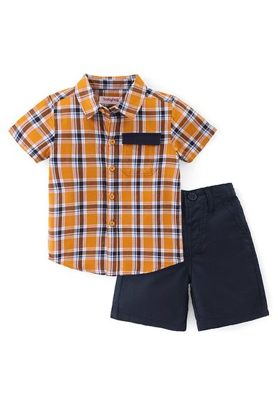 Babyhug Babyhug 100% Cotton Woven Half Sleeves Checked Shirt & Shorts Set  - Orange & Navy Blue