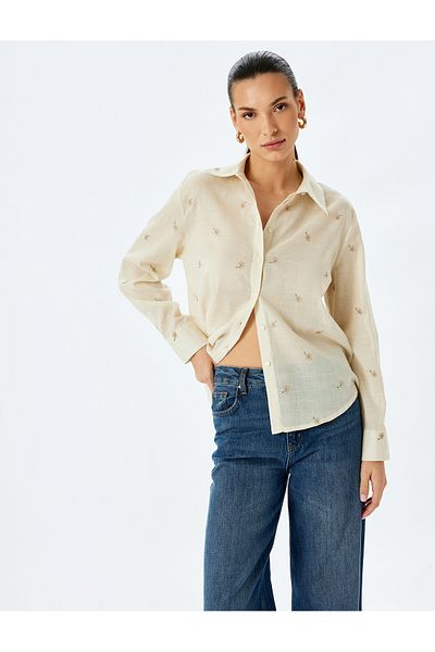 Koton Cotton Long Sleeve Floral Shirt with Embroidery Detail