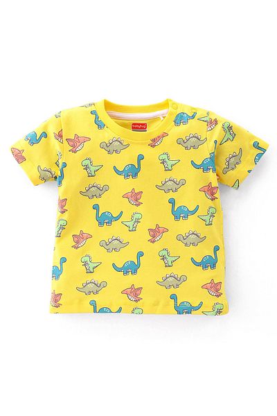 Babyhug Babyhug Cotton Knit Half Sleeves Dino Printed T-Shirt & Shorts - Yellow & Light Blue
