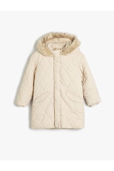 Koton Inflatable Coat with Faux Fur Detail - Hoodie and Pocket, Wind Cover