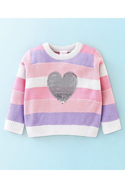 Babyhug Babyhug Knit Full Sleeves Sweater Stripes Design With Heart Sequin Detailing- White Pink & Purple