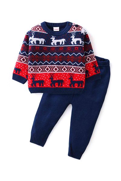 Babyhug Babyhug Knit Full Sleeves Sweater Set With Reindeer Design - Navy Blue