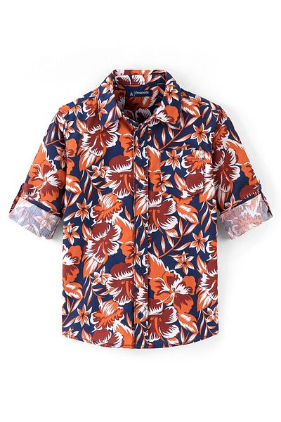 Pine kids Pine Kids 100% Cotton Full Sleeves Floral Print Shirt with Sleeves Turn Up - Multicolor