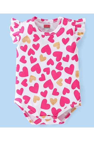 Babyhug Babyhug 100% Cotton Knit Sleeveless Onesie With Heart Print - White & Pink