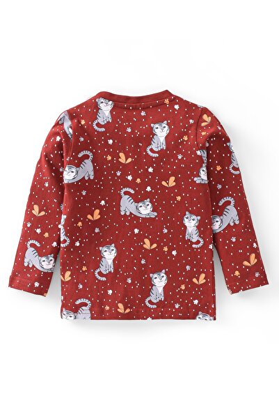 Babyhug Babyhug Cotton Knit Full Sleeves Kitty Printed Night Suit - Red