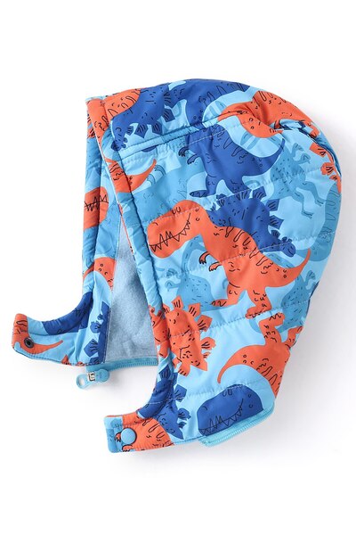 Babyhug Babyhug Woven Full Sleeves Jacket With Detachable Hood Dino Print - Orange & Blue