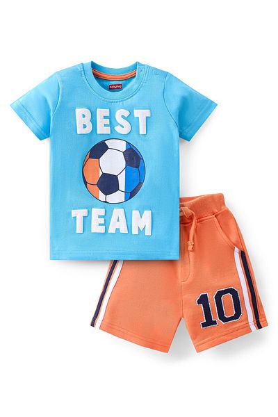 Babyhug Babyhug Cotton Knit Half Sleeves T-Shirt & Shorts Set Football Print - Blue & Orange
