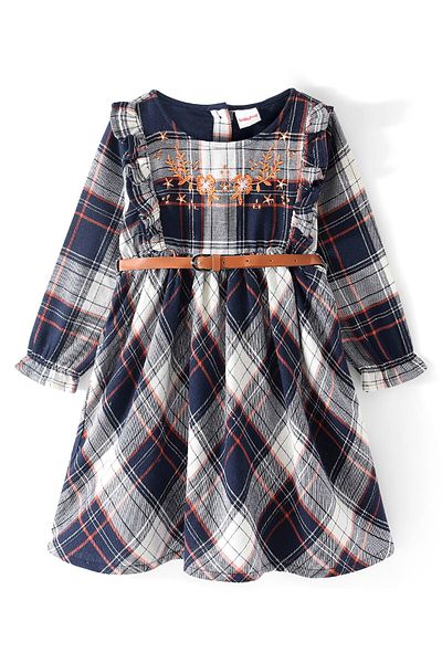 Babyhug Babyhug Woven Full Sleeves Yarn Dyed Checkered Frock With Floral Embroidery & Belt - Navy Blue