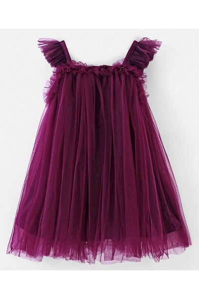 Babyhug Babyhug Sleeveless A Line Mesh Party Frock With Bow Applique - Aubergine