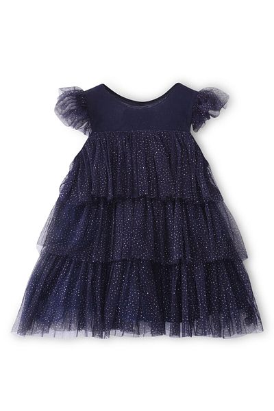Babyhug Babyhug Woven Sleeveless Party Frock All Over Foil Print Solid Colour - Navy Blue