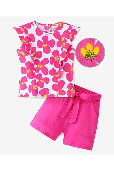Ollington St. Ollington St. All Over Floral Printed Ruffled Top & Solid Shorts Set - Pink & White