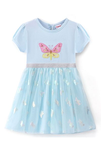 Babyhug Babyhug Knitted Half Sleeves Frock With Butterfly Applique & Print - Blue