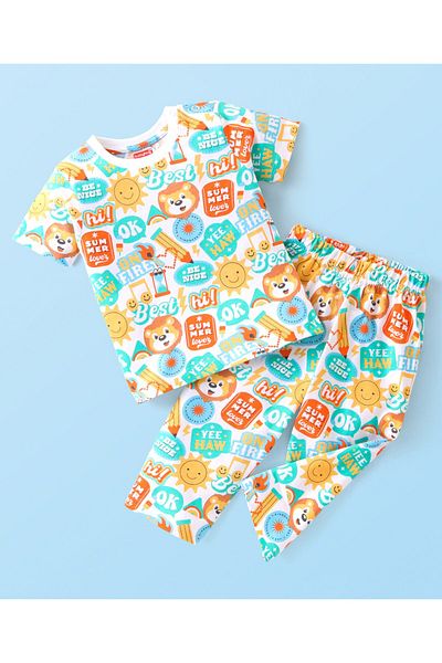 Babyhug طقم نوم من القطن من Babyhug بأكمام نصفية مع طباعة نصية - متعدد الألوان