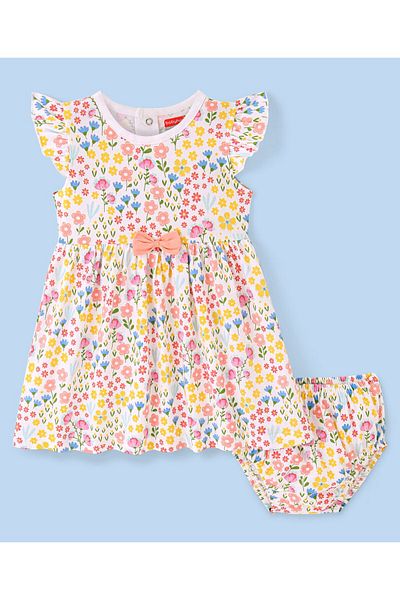 Babyhug Babyhug 100% Cotton Knit Half Sleeves Floral Printed Frocks with  Bloomer - White