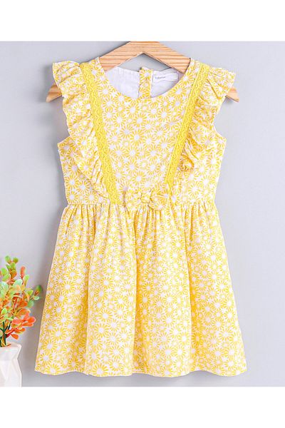 Babyoye Babyoye Cotton Sleeveless All Over Printed Frock With Bow Applique - Yellow