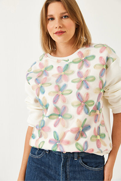 Bianco Lucci Γυναικείο φούτερ με λουλούδια από τούλι με λεπτομέρεια με τρεις κλωστές 60351377