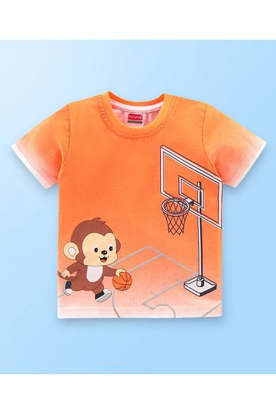 Babyhug Babyhug Cotton Half Sleeves T-Shirt & Denim Shorts Set Monkey Print- Orange & Blue
