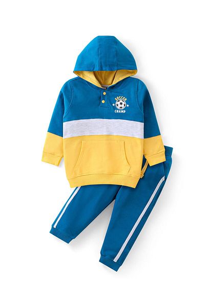 Babyhug Babyhug Knit Full Sleeve HoodColor Block T-Shirt Kangaroo Pocket & Lounge Pants Set Solid Color-Navy