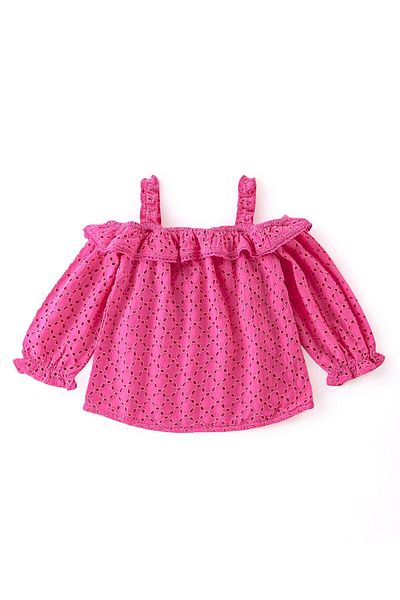 Babyhug Babyhug 100% Cotton Schiffli Threefourth Sleeve Off-Shoulder Top Frill & Pom-Pom Lace Detailing-Pink