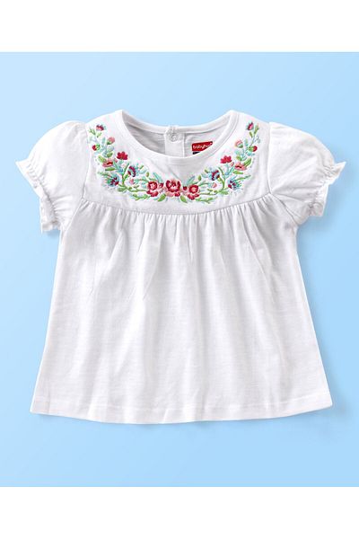 Babyhug Babyhug 100% Cotton Knit Half Sleeve Top and Skirt Set Floral Embroidery - Pink & White