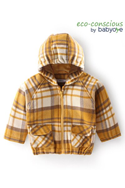Babyoye جاكيت بيبيويي بغطاء للرأس وأكمام طويلة ومربعات - أصفر